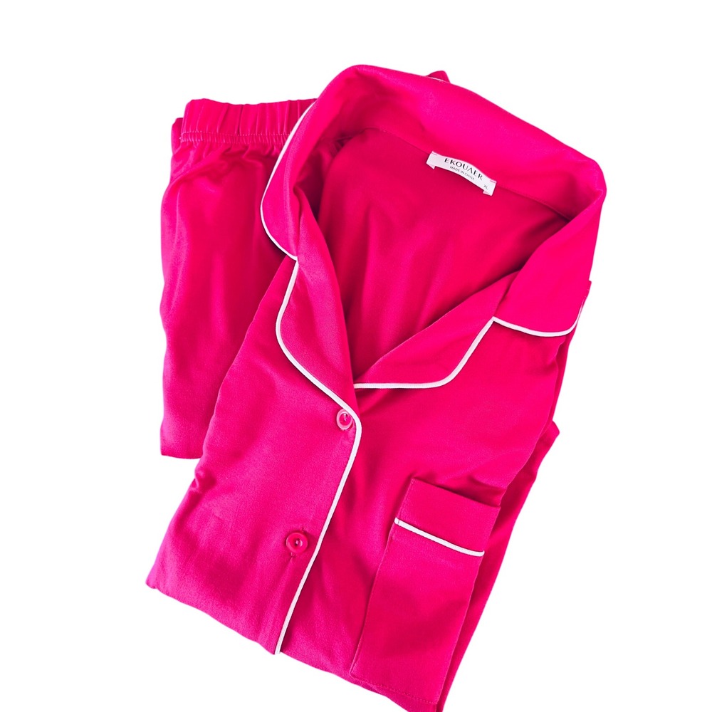 Ekouaer Pajama Set XL Hot Pink Short Sleeve Button Down Pants Contrast Piping